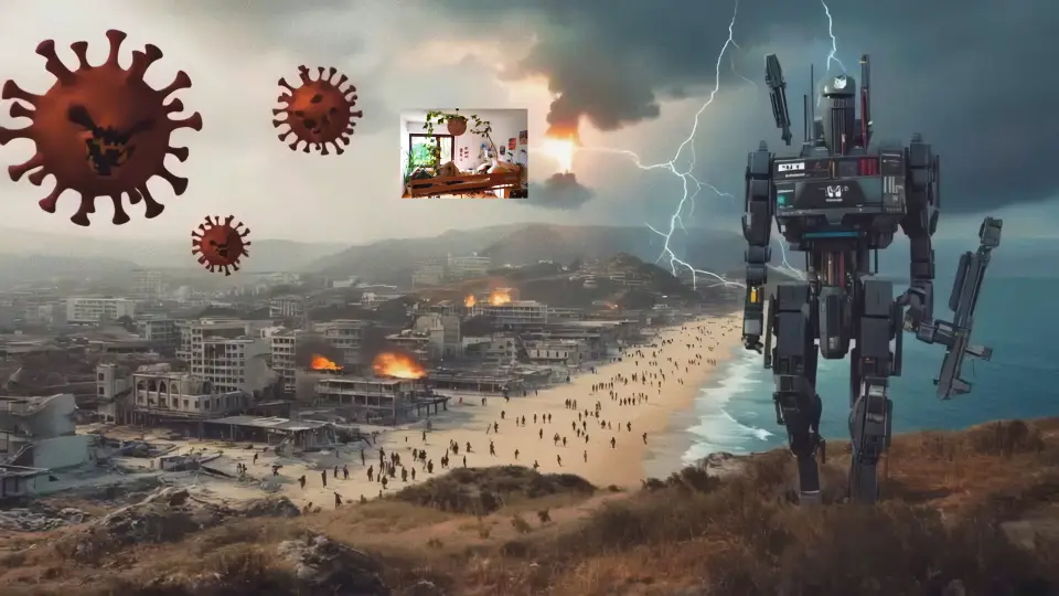 Apokalyptische Szene mit Kampfroboter Coronaviren und hinten brennender Stadt mit einschlagendem Blitz und Atomexplosion