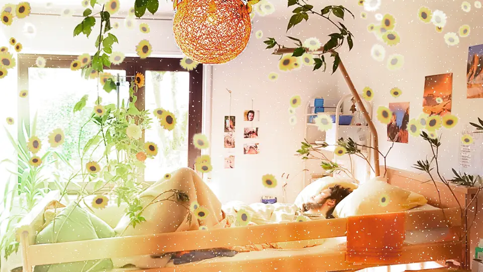 Blütenregen aus Sonnenblumen auf Jonas im Pflegebett