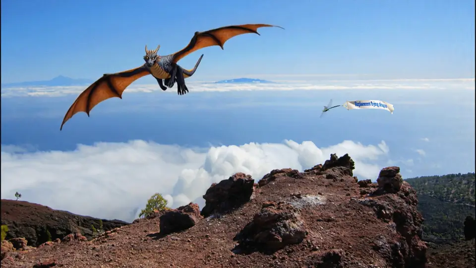 DragoMa fliegt auf La Palma in Sicht von Teneriffa mit Teide und La Gomera