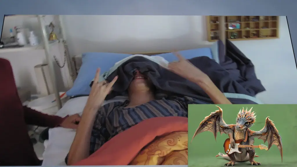 Metal-Pommesgabel von Jonas schwankend im Pflegebett und rockender Guitar-Hero Dragomir