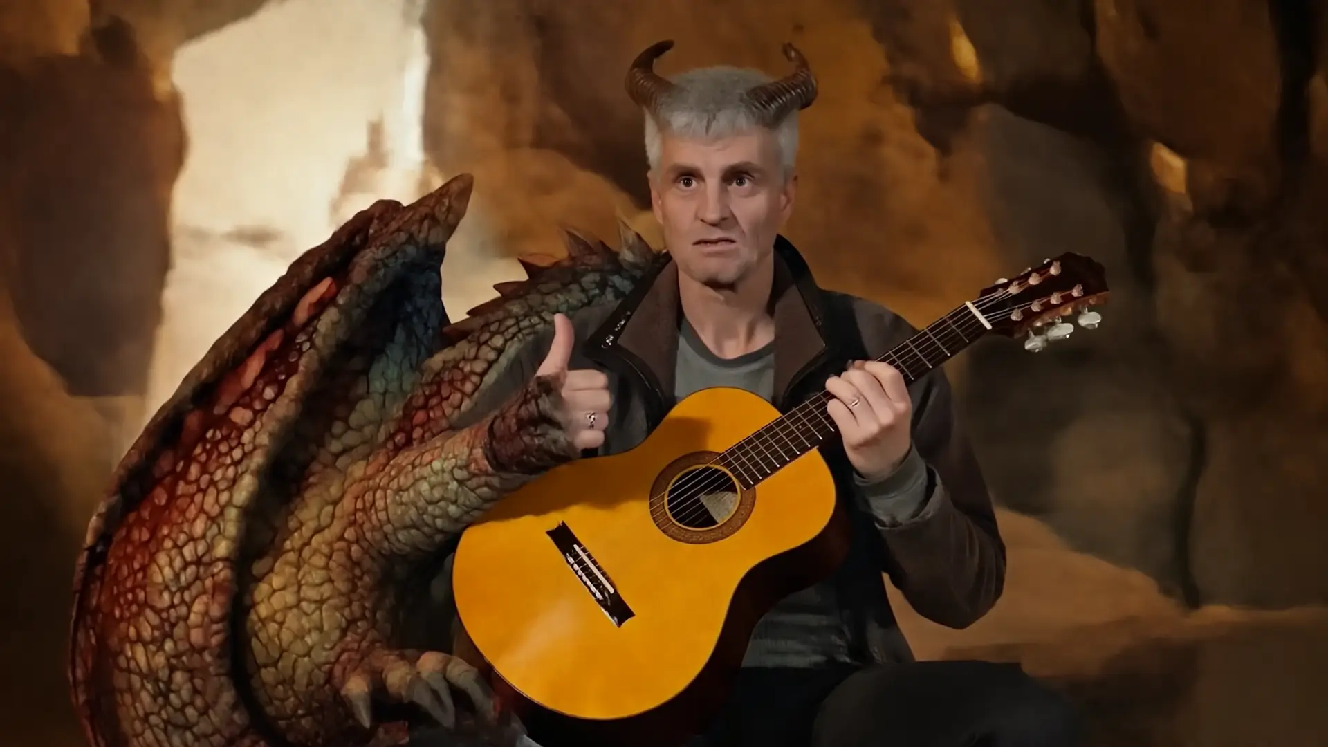 Sänger JustMe (icke) als halber Drache mit seiner Bernabé-Gitarre. Sieht albern aus.