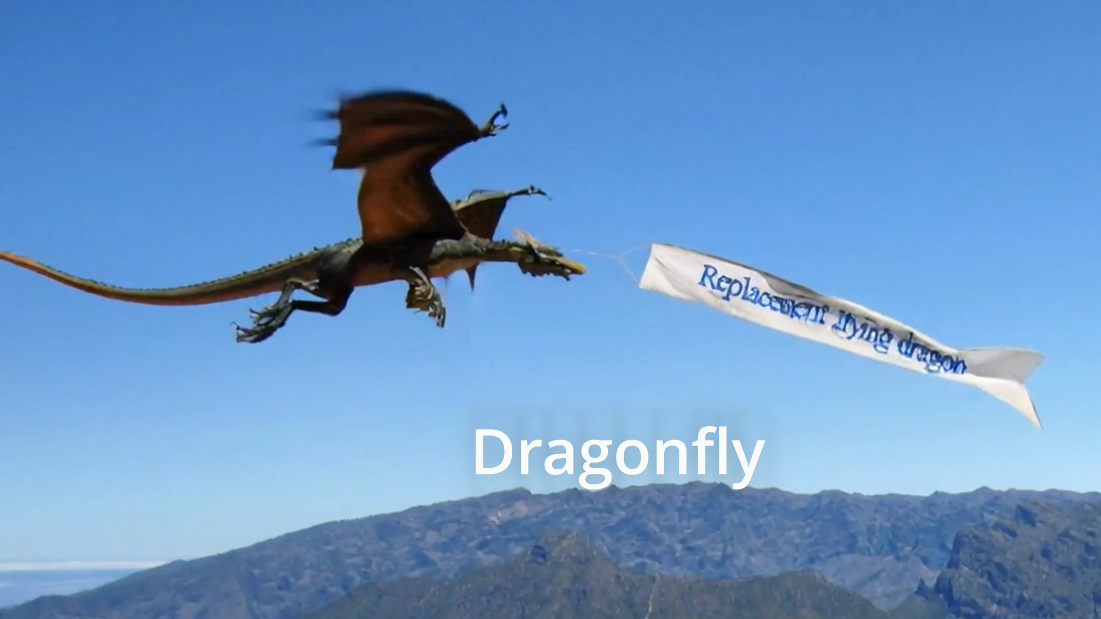 KI verwechselt eine Libelle, also dragonfly, mit einem fliegenden Drachen und außerdem zieht das Werbebanner den Drachen statt umgekehrt