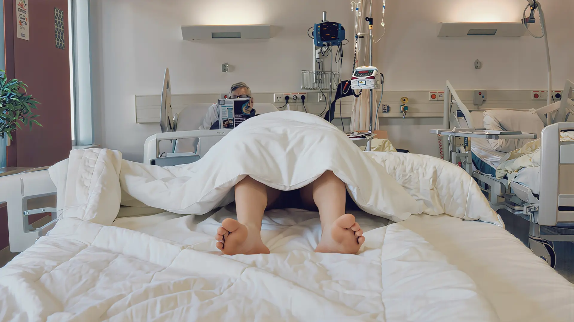 Kling AI zeigt ein Krankenbett mit abgeschnittenen Beinen, falsch herum im Bett