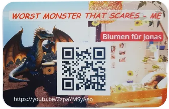 visitenkarte-deutsch Visitenkarte mit QR-Code, der zum Musikvideo Blumen für Jonas führt